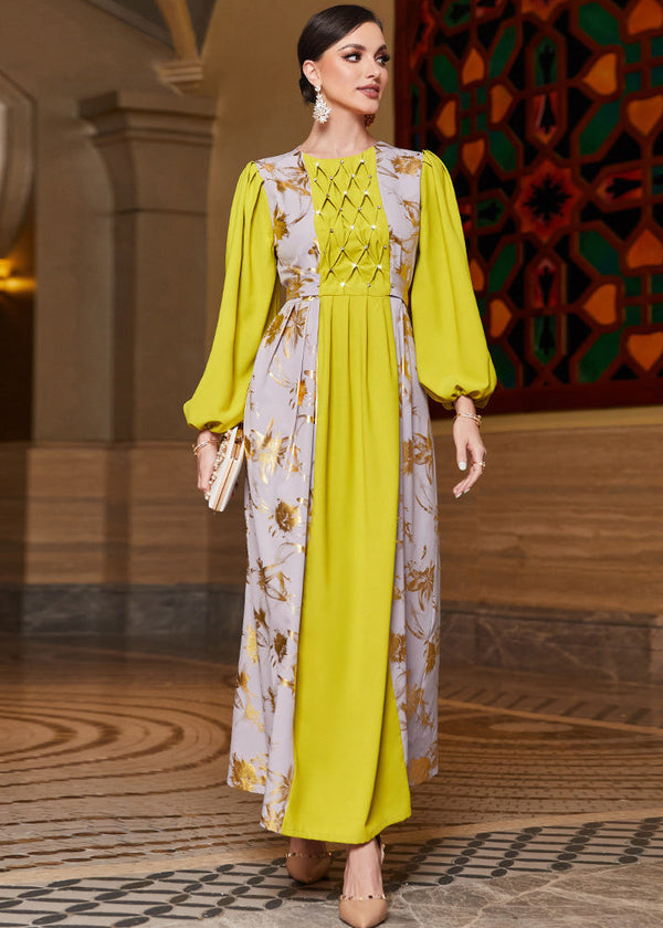 Modern Yellow Print Patchwork Wrinkled Sim Chiffon Long Dresses Fall