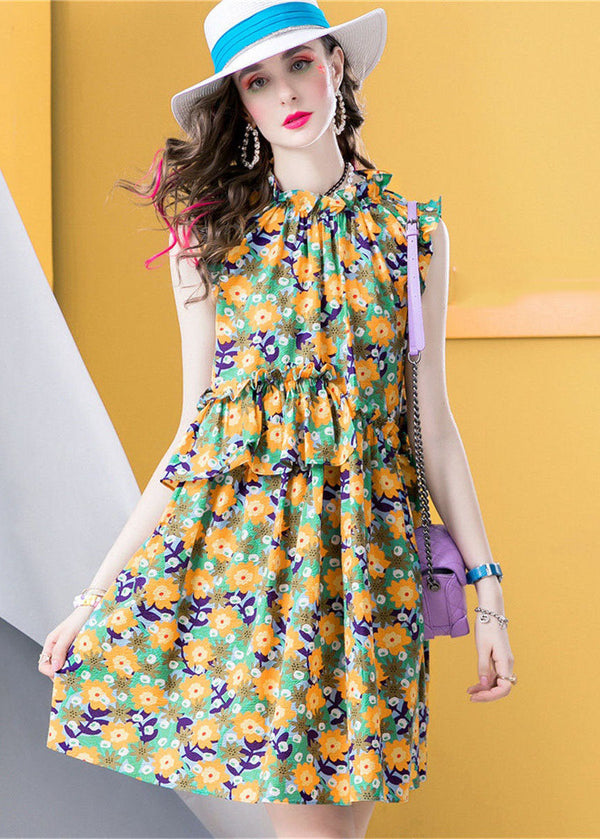 Modern Yellow Ruffled Print Patchwork Cotton Dress Sleeveless