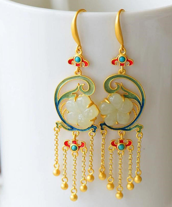 Modern Yellow Sterling Silver Inlaid Jade Turquoise Drop Earrings