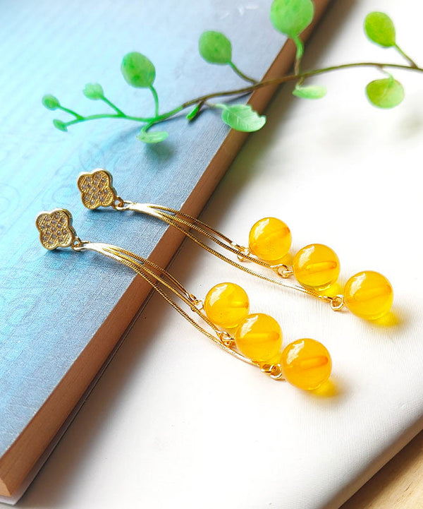 Modern Yellow Sterling Silver Overgild Inlaid Amber Beeswax Drop Earrings