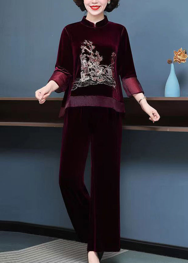 Mulberry Tops And Pants Velour Two Piece Set Embroidered Fall