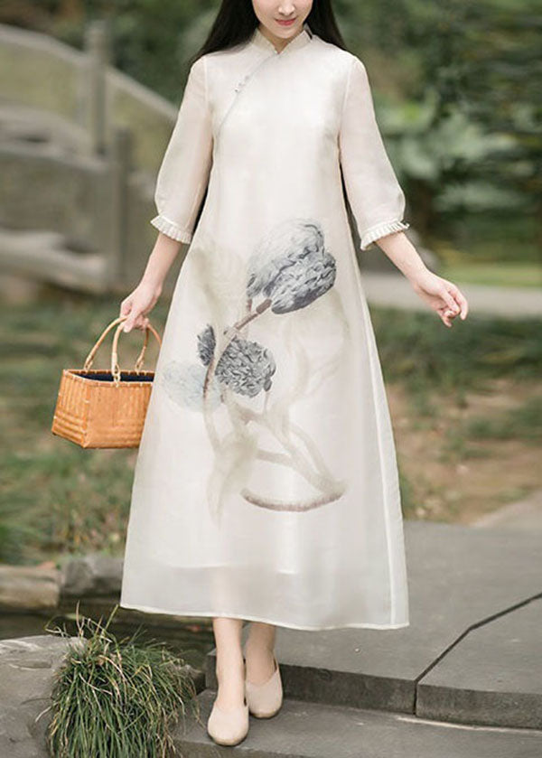 Natural Beige Wrinkled Print Tulle Gown Dresses Spring