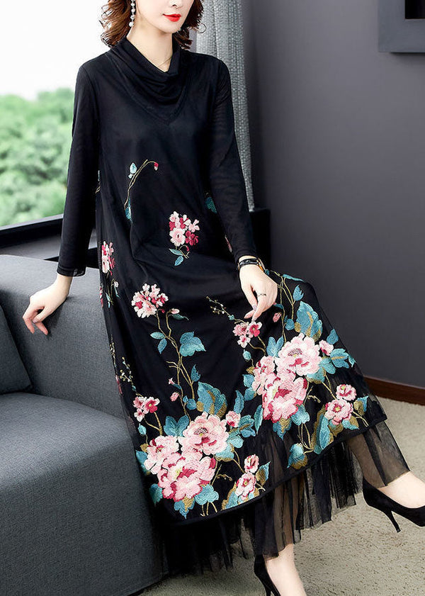 Natural Black Embroidered Patchwork Silk Holiday Dress Spring