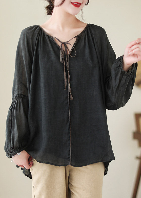 Natural Black V Neck Patchwork Ramie Shirt Spring