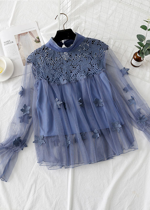 Natural Blue Hollow Out Embroidered Patchwork Tulle Two Piece Set Spring