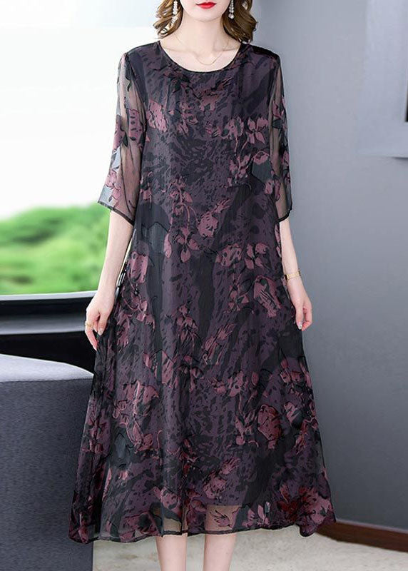 Natural Dark Purple O Neck Print Patchwork Silk Dress Summer