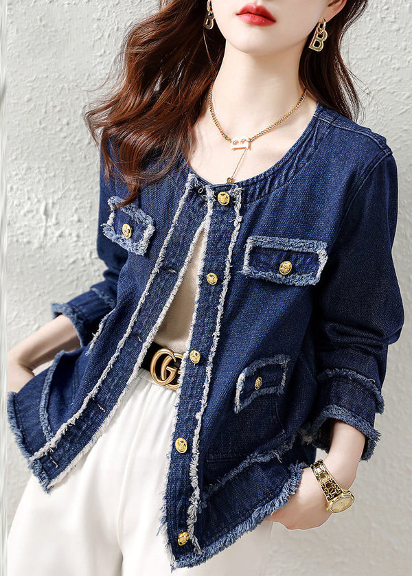 Natural Denim Blue O-Neck Patchwork Button Coat Long Sleeve