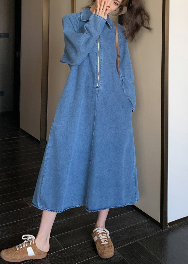 Natural Denim Blue Peter Pan Collar Zippered Patchwork Long Dress Fall