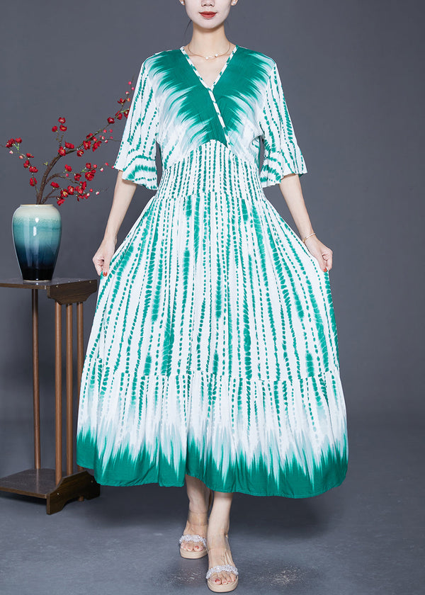 Natural Green Cinched Print Cotton Party Dress Flare Sleeve