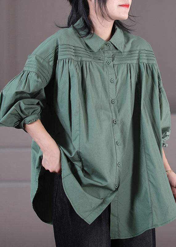 Natural Green Peter Pan Collar Wrinkled Shirts Long Sleeve