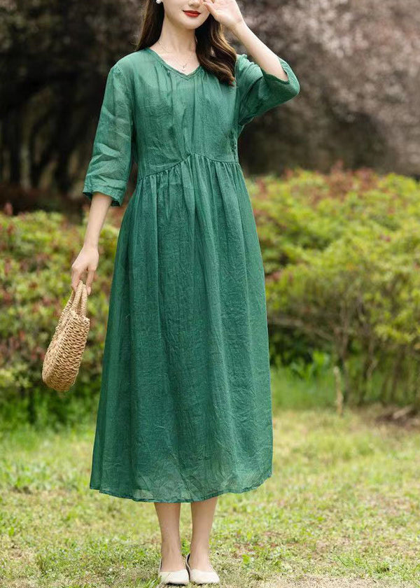 Natural Green V Neck Embroidered Patchwork Linen Dresses Summer