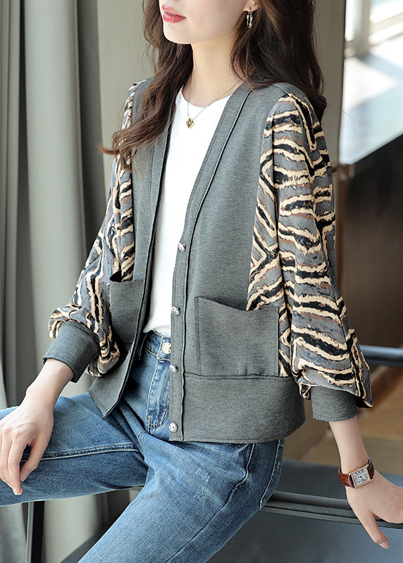 Natural Grey Leopard Patchwork V Neck Print Coat Fall