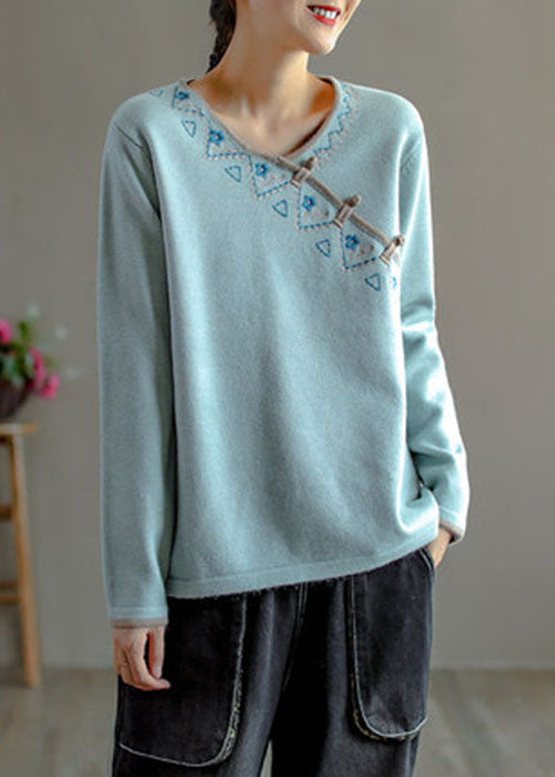 Natural Light Blue Embroidered Oriental Button Wool Knitted Tops Winter