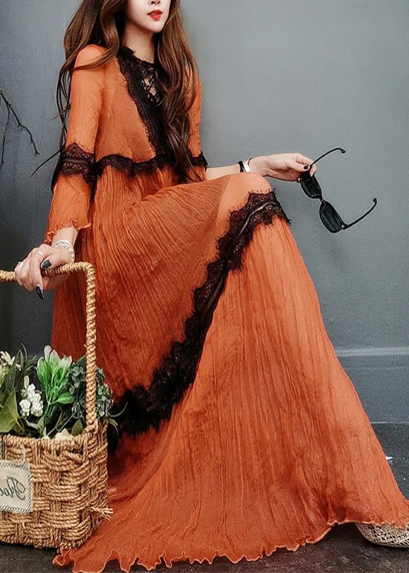 Natural Orange O-Neck Lace Patchwork Silk Maxi Dress Flare Sleeve