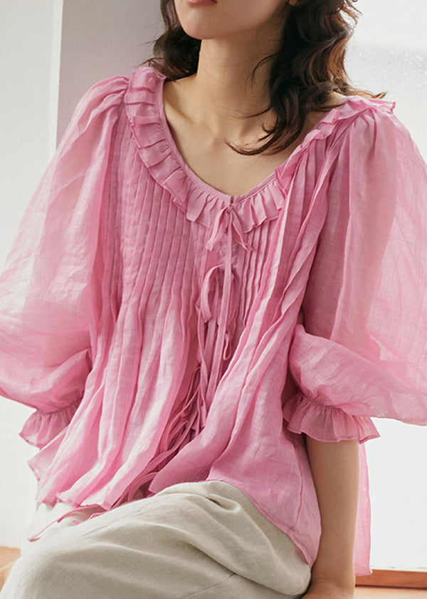 2023 Fall Cute Pink Chiffon Blouse Plus Size Shirt