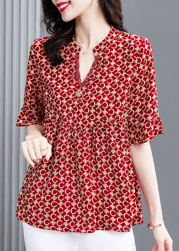 Natural Red V Neck Print Shirt Half Sleeve