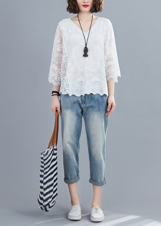 Natural White Embroidered Oversized Cotton Shirts Batwing Sleeve