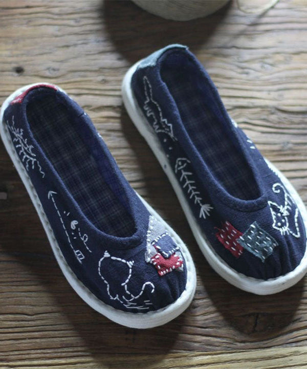 Navy Flat Feet Shoes Cotton Fabric Comfortable Splicing Cartoon Embroidery