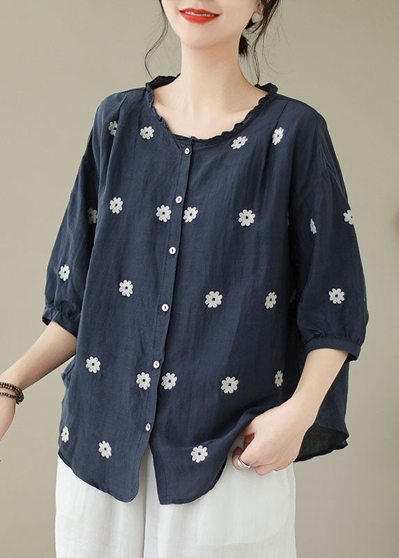 Navy Patchwork Linen Blouses Embroidered Ruffled Summer