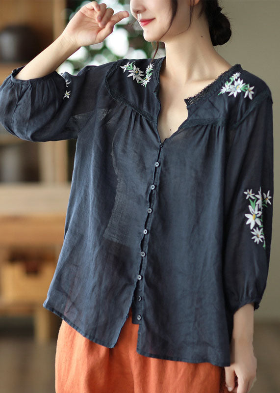 Navy Patchwork Linen Shirts Embroidered Button Bracelet Sleeve