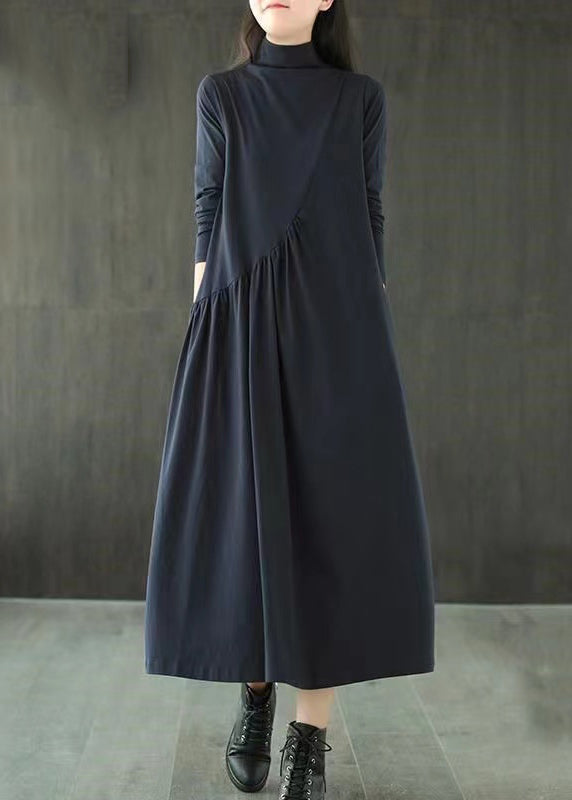 Navy Pockets Patchwork Cotton Long Dress Hign Neck Wrinkled Fall