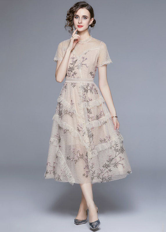 New Apricot Embroidered Ruffled Patchwork Tulle Dress Summer