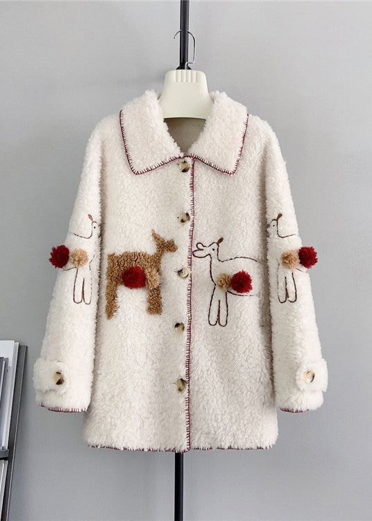 New Beige Square Neck Playful Little Deer Wool Jacket Winter