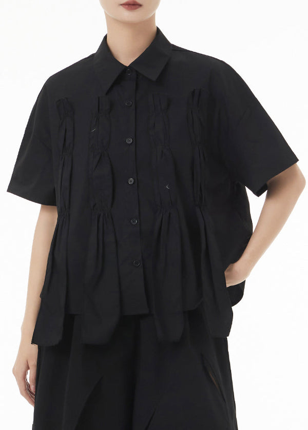 New Black Asymmetrical Wrinkled Patchwork Cotton Shirts Summer