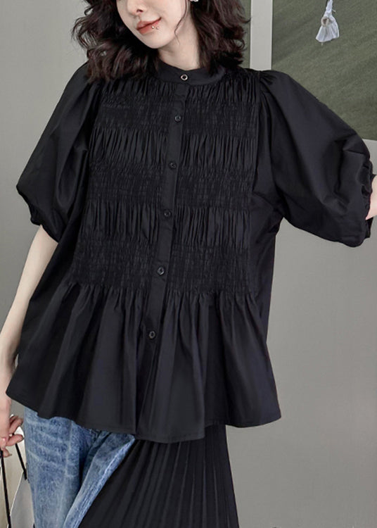 New Black Button Wrinkled Patchwork Cotton Shirt Tops Lantern Sleeve