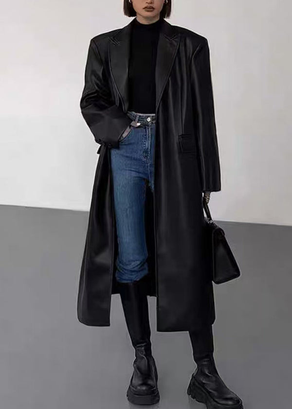 New Black Notched Button Faux Leather Long Coats Winter