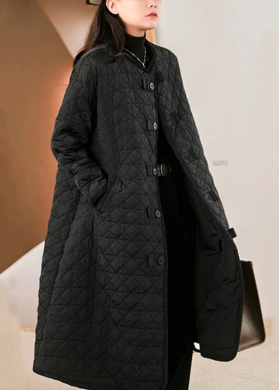 New Black O Neck Pockets Button Patchwork Fine Cotton Filled Coat Winter