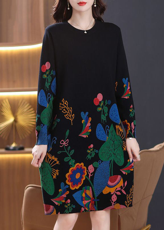 New Black Print Side Open Wool Knit Dress Long Sleeve