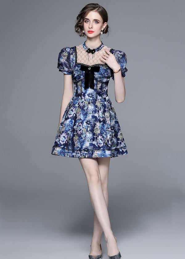 New Blue Bow Wrinkled Print Patchwork Cotton Mid Dress Puff Sleeve