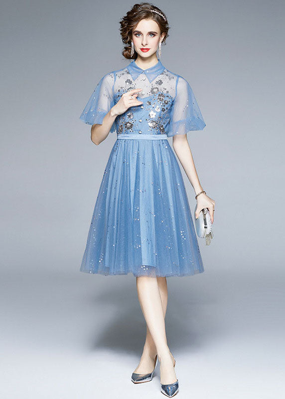 New Blue Embroidered Sequins Patchwork Tulle Mid Dress Puff Sleeve