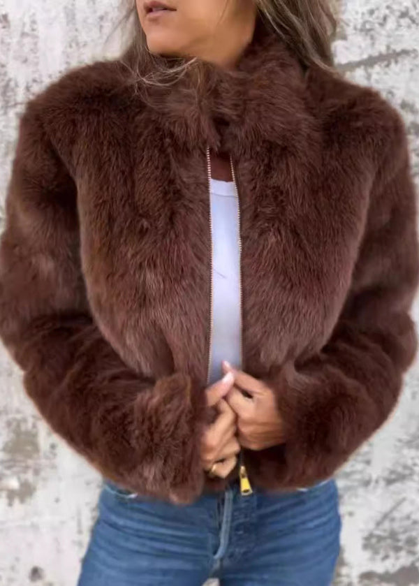 New Chocolate Hign Neck Zippered Faux Fur Coats Fall