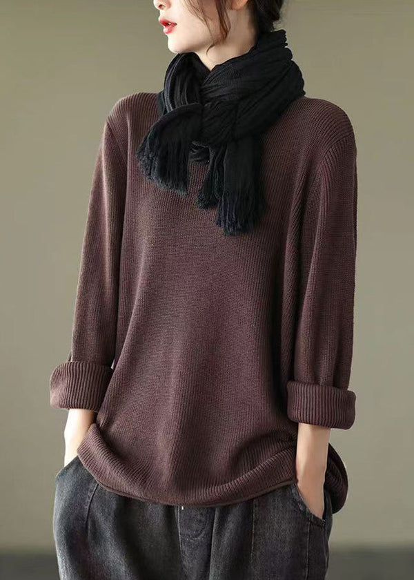 New Coffee V Neck Cozy Knitting Cotton Top Long Sleeve