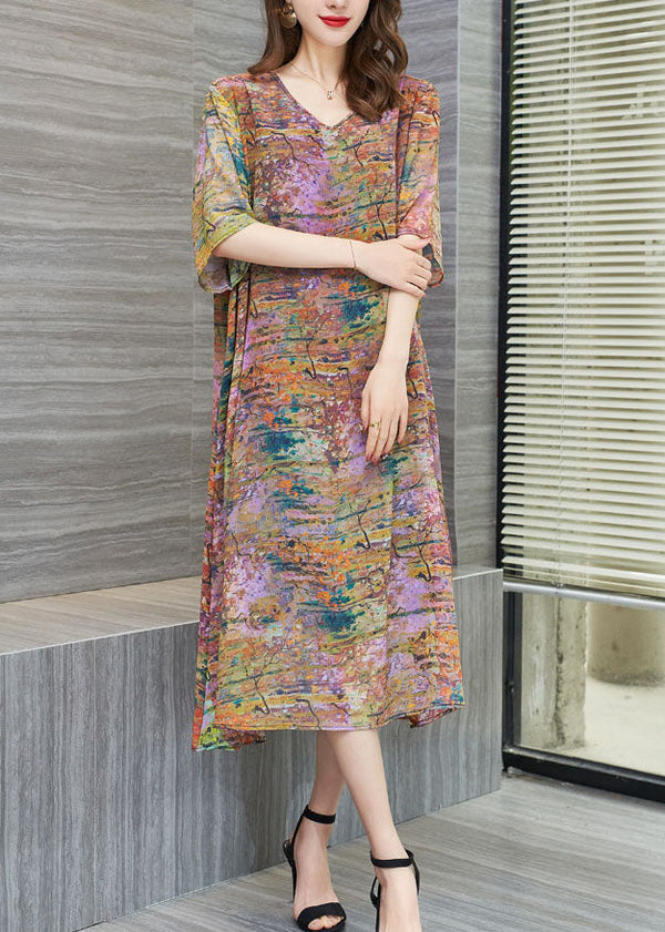 New Floral V Neck Patchwork Chiffon Mid Dress Summer