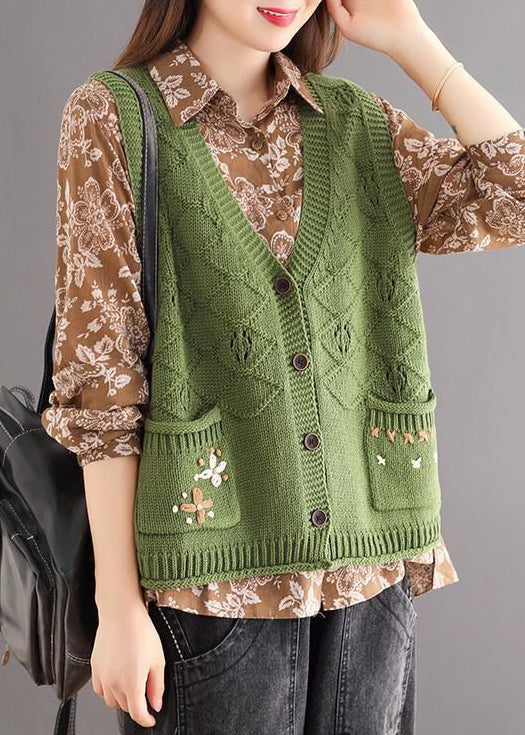 New Green Embroidered Pockets Patchwork Cotton Knit Waistcoat Sleeveless