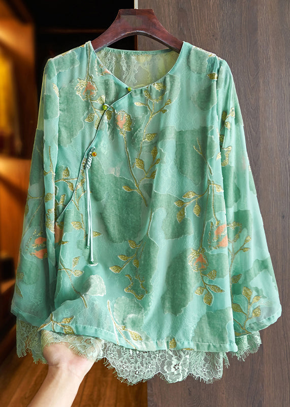 New Green O Neck Button Lace Patchwork Silk Velour Shirt Fall