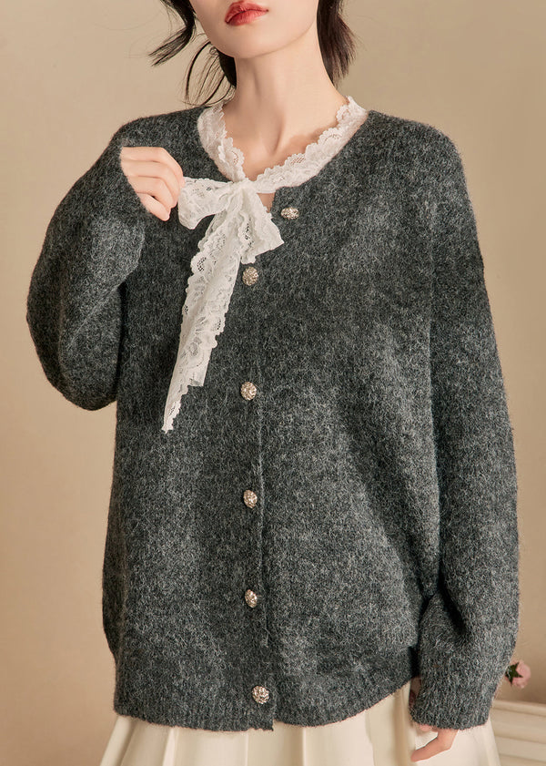 New Grey Button Lace Patchwork Knit Coat Winter