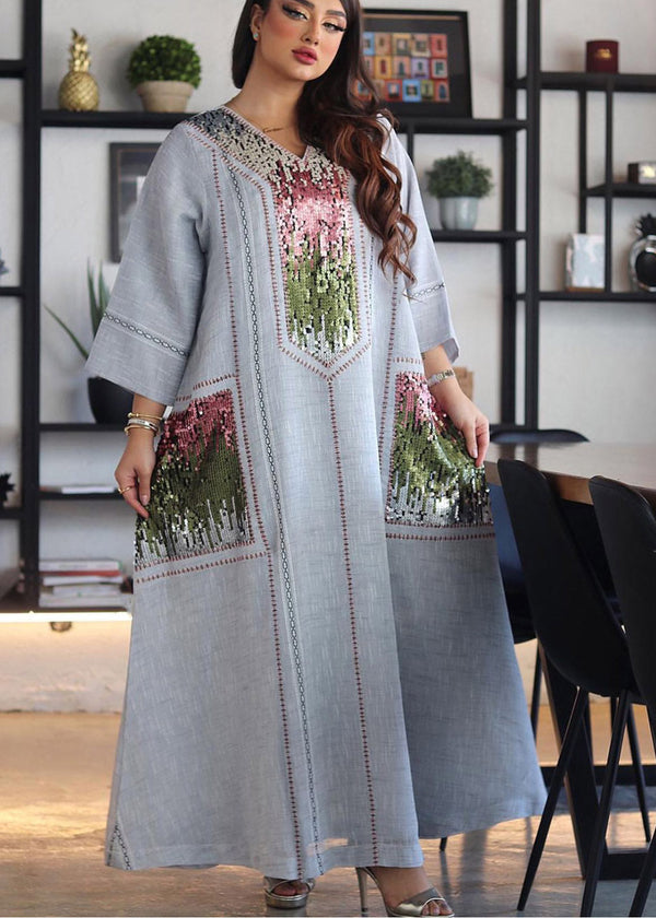 New Grey Ethnic Style Sequined Embroidered V Neck Long Dress