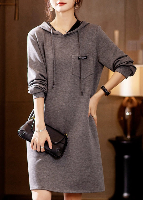 New Grey Hooded Pockets Patchwork Cotton Dresses Fall