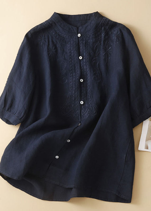 New Navy Embroidered Button Patchwork Linen Shirt Top Summer