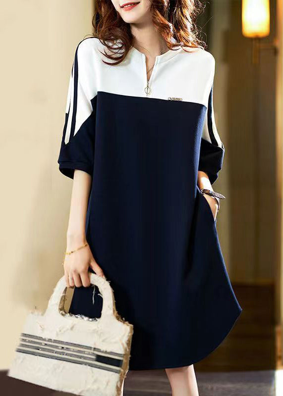 New Navy O Neck Pockets Patchwork Cotton Dress Fall