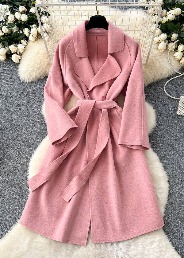 New Pink Peter Pan Collar Tie Waist Woolen Coat Winter