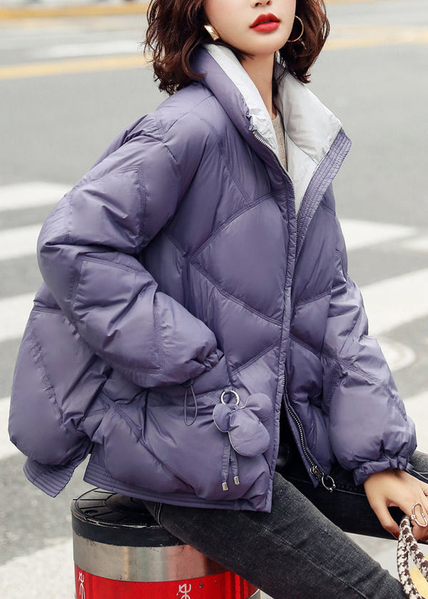 New Purple Stand Collar Pockets Duck Down Puffer Jacket Winter