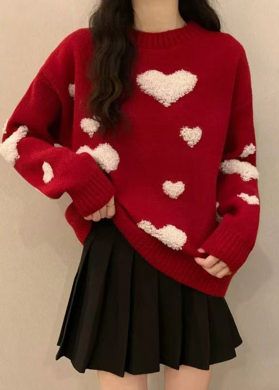 New Red O Neck Heart Jacquard Thick Knit Sweaters Winter