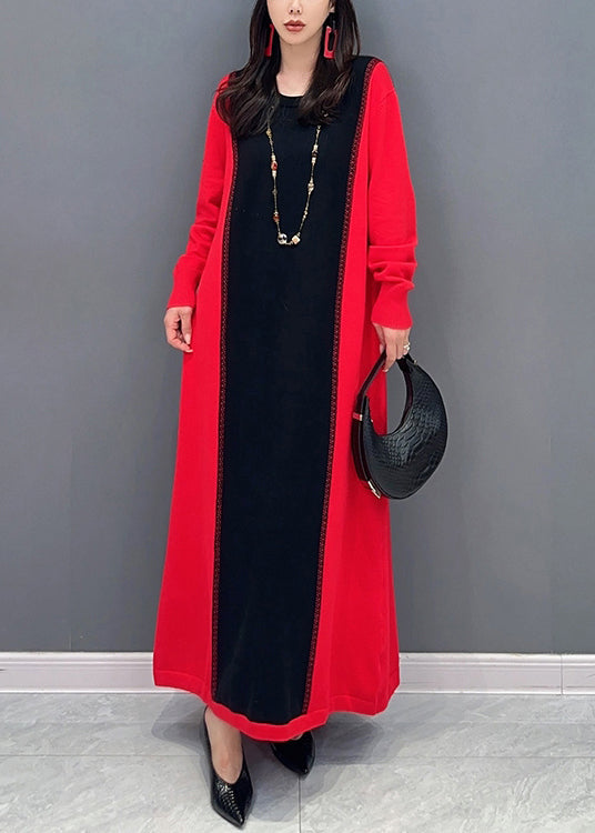 New Red O Neck Patchwork False Two Pieces Cotton Knit Long Dresses Fall