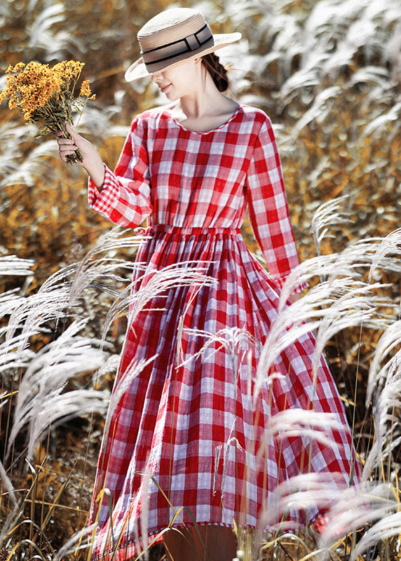 New Red O Neck Plaid Cinched Cotton Long Dresses Fall