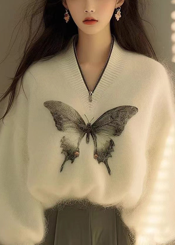 New White Zip Up Butterfly Print Knit Sweater Winter